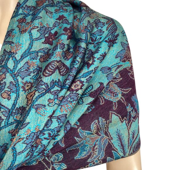 Floral Paisley Cashmere Shawl Scarf Wrap W/ Fringe Turquoise & Purple - Picture 2 of 6